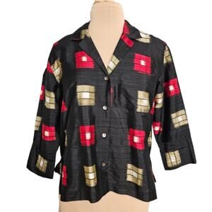 Chico's Design Vintage Top Womens Small 0 Silk Colorblock Black Button Front